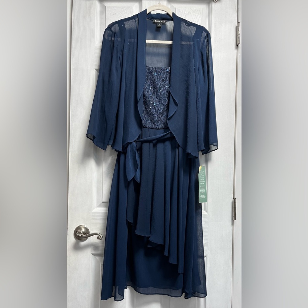 Dana Kay Blue Sheer Jacket and Dress Set Size 14. NWT